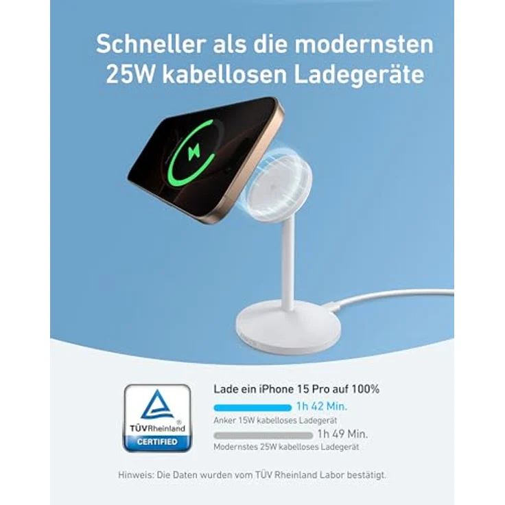 Anker MagGo Wireless Charger (15W), kabelloses Ladegerät mit integriertem Ständer und 360° Drehmechanismus, Weiss – Bild 3