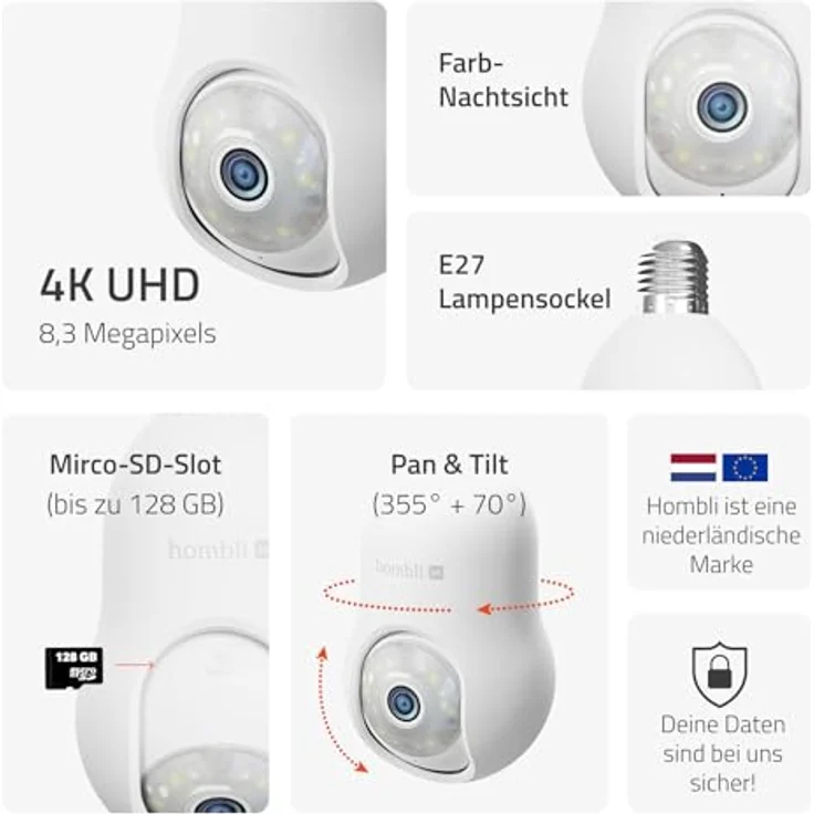 Hombli Überwachungskamera Bulb Cam 4K (Außenbereich) mit Bewegungs- und Geräuscherkennung – Bild 3