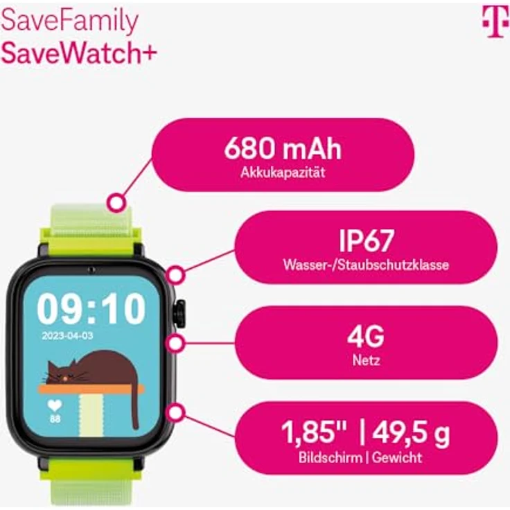 Deutsche Telekom SaveFamily SaveWatch+ Kinder Smartwatch mit GPS, Anruf Funktion, SOS, Schulmodus und Telekom SIM-Karte - Schwarz – Bild 2
