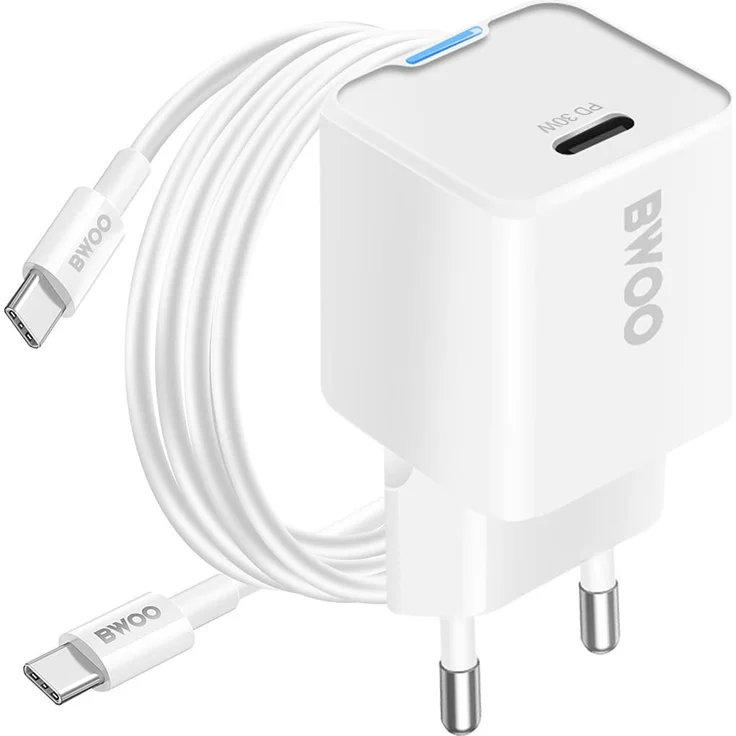 Bwoo GaN PD 30W USB-C Ladegerät mit 60W Kabel, kompakt und effizient, Weiß