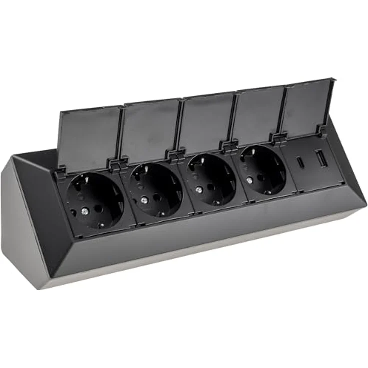 ChiliTec Steckdosenblock 4-Fach Mehrfachsteckdose mit Klappdeckel, USB-A & USB-C PD, 230V, Schwarz – Bild 1