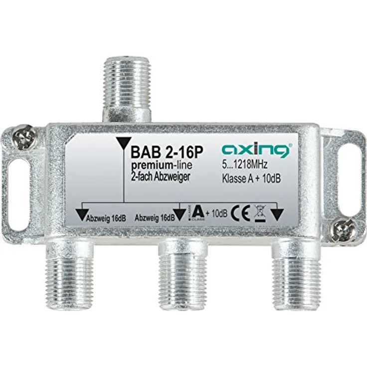 Axing BAB 2-16P 2-fach Abzweiger 16dB Kabelfernsehen CATV Multimedia DVB-T2 Klasse A+, 10dB, 5-1218 MHz metall