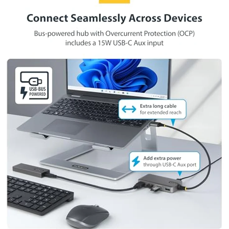 StarTech.com 4-Port USB-A Hub, 5Gbps, Busbetrieben mit USB-C-Netzteil Port, Mini Reisehub für Laptop, schwarz – Bild 3
