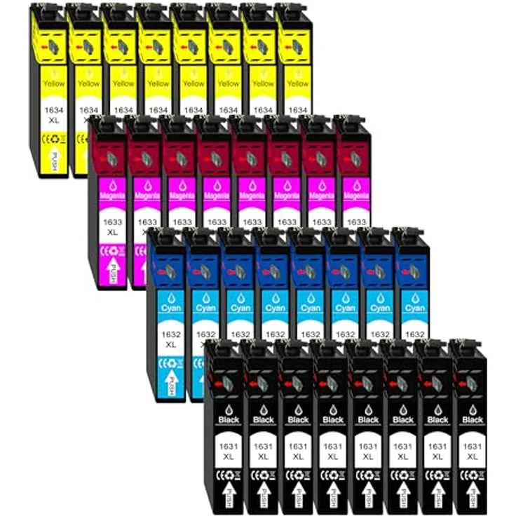 Druckerparadies 32er Multipack für Epson 16XL Tintenpatronen Set Tintenpatrone (32-tlg., WF2010 WF2510 WF2520 WF2530 WF2540 WF2630 WF2650 WF2660 WF2750 WF2760) - Hochkapazitätsfarben Schwarz, Cyan, Magenta, Gelb
