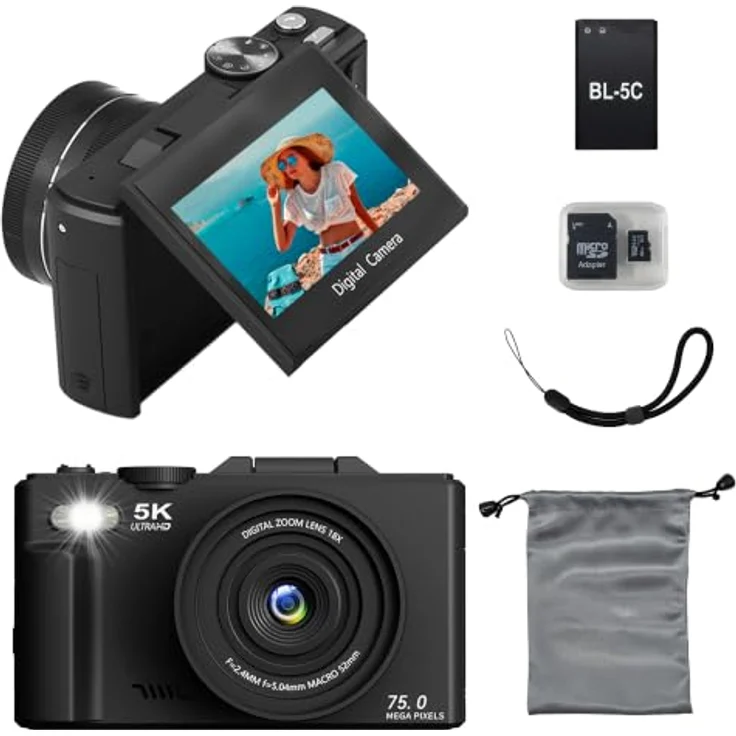 Senzo Digitalkamera 5K, 75MP, 18x Zoom, 60FPS, kompakt mit WiFi und 64GB Speicher – Bild 8