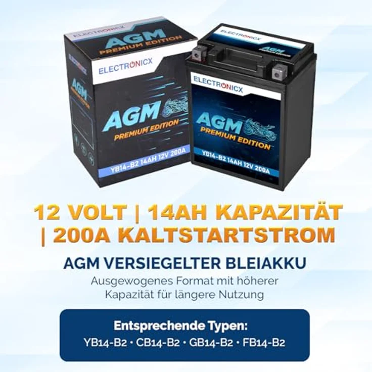 Electronicx YB14-B2 AGM Motorradbatterie, 14Ah 12V, wartungsfrei, rüttelfest, auslaufsicher für Motorrad, Roller, Quad und JetSki – Bild 5