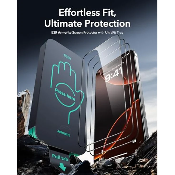 ESR Armorite Displayschutzfolie für iPhone 16 Pro Max, gehärtetes Glas 3 Stück, blasenfrei, militärischer Schutz, inkl. Befestigungswerkzeug – Bild 2