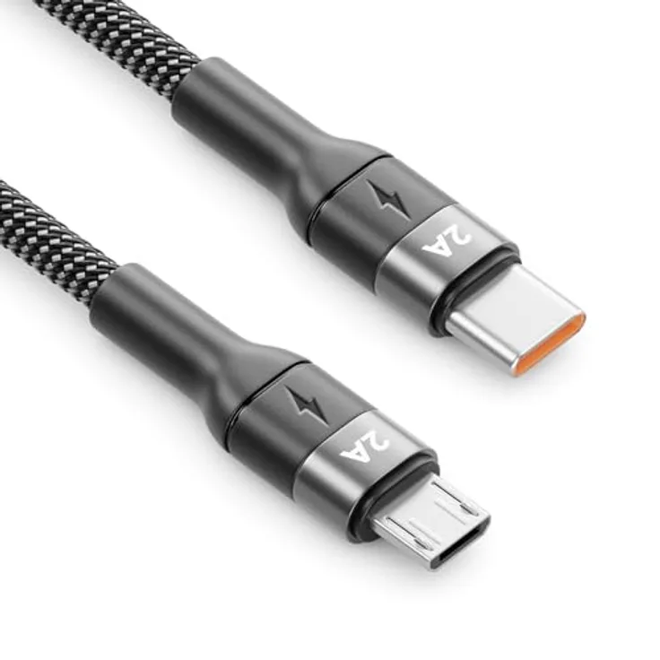 deleyCON 1,5m Micro USB Kabel, USB-C auf Micro-USB, 5V/2A Schnellladung, geflochtenes Nylon, für Smartphones, Tablets, Controller, Kamera, Navi