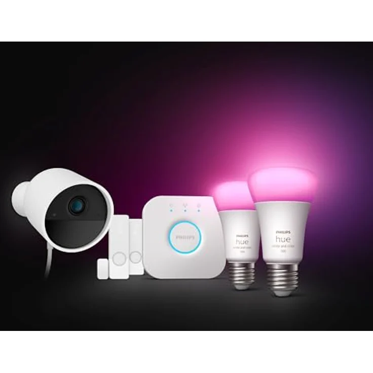 Philips Hue Secure Starter Kit, Hue Secure kabelgebundene Kamera, Hue Kontaktsensoren, Hue E27 White & Color Amb. Lampen, Hue Bridge, einfach zu installieren, Zwei-Wege-Gespräch, per Hue App steuerbar – Bild 2