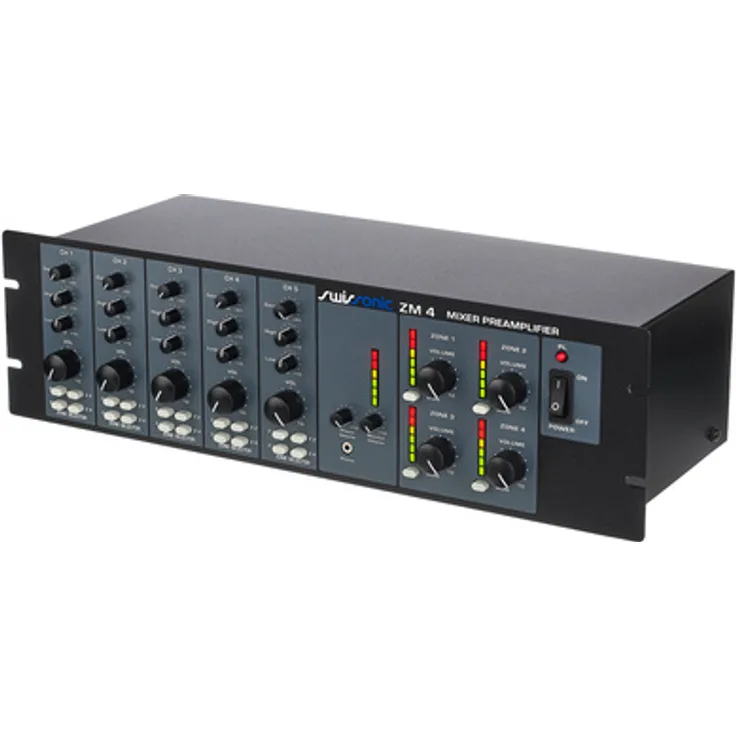 Swissonic ZM 4, 4-Kanal Mischpult mit 4 Mikrofon/Line Eingängen, 15V Phantomspeisung und 2-Band Klangregelung, 483 x 134 x 195 mm, 2,9 kg