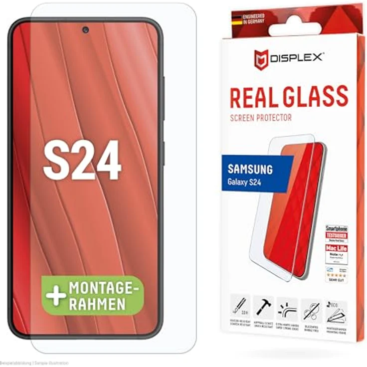 Displex Panzerglas 2D/ Clear (10H) für Samsung Galaxy S24, Eco-Montagerahmen, Tempered Glas, kratzer-resistente Schutzfolie, hüllenfreundlich – Bild 1