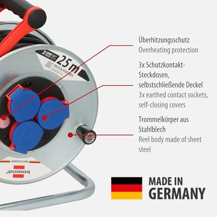 Brennenstuhl Garant S IP44 Kabeltrommel, 25m - Stahlblech (kurzfristiger Einsatz im Außenbereich) - MADE IN GERMANY - silber – Bild 3
