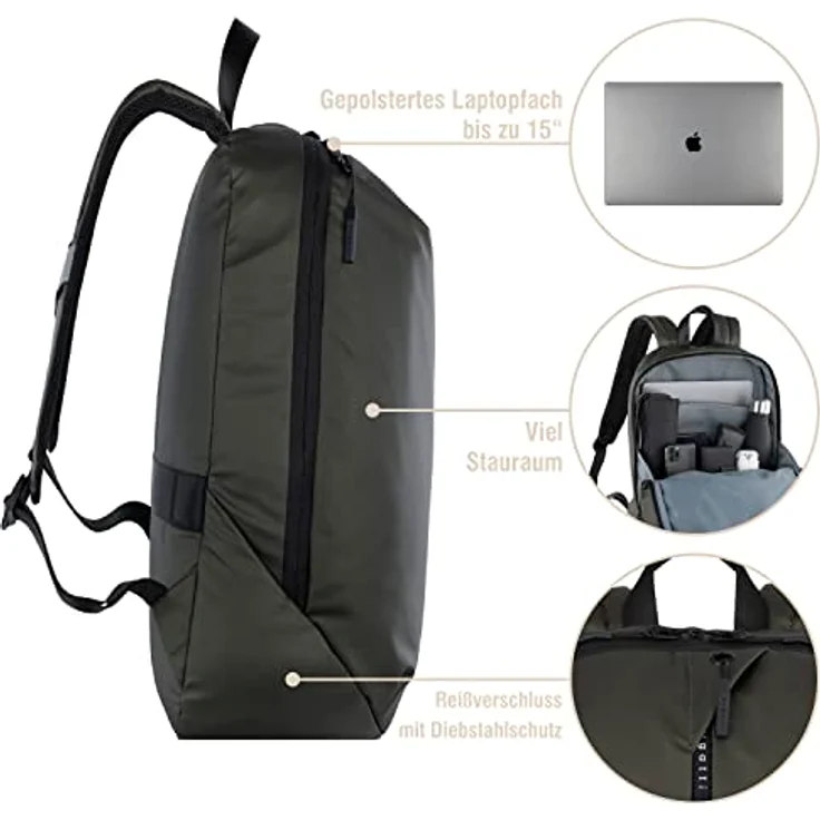 bugatti blanc Rucksack, Freizeit-, Daypack- und Arbeitsrucksack bis 15", mit gepolstertem Laptopfach, 32x15,5x45 cm, olive – Bild 3