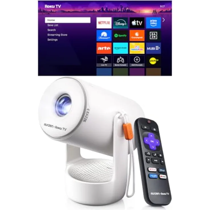 Aurzen E1R Smart Mini Beamer, tragbarer Beamer mit Roku TV, WLAN, Bluetooth, 180°-Drehung und automatischer Trapezkorrektur