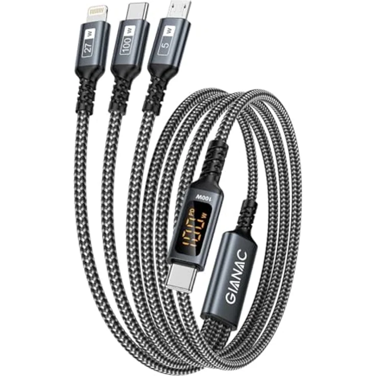 GIANAC 100W USB C auf Multi USB Ladekabel 3 in 1 mit LED Display, kompatibel mit iPhone 16/15/14 und Galaxy S24/S23, 0.5M Schnelllade-Kabel mit E-Mark Chip – Bild 1