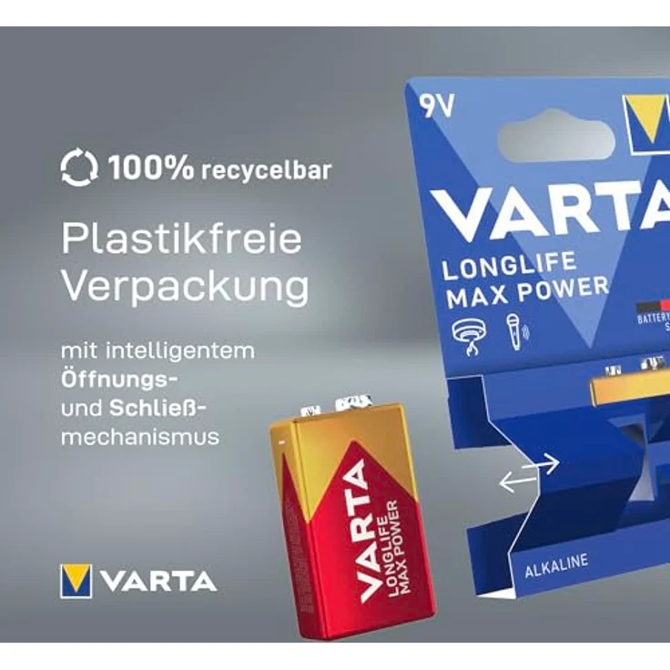 VARTA Longlife Max Power 9V Block 6LR61 Batterie, Alkaline E-Block Batterien ideal für Feuermelder Rauchmelder Stimmgerät (1er Pack) – Bild 4