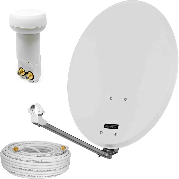 hb-digital Satellitenanlage 60cm hellgrau, Set mit Twin LNB und 10m Koaxialkabel für digitalen Empfang