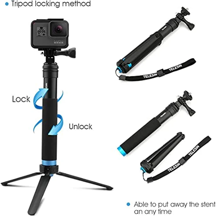 TELESIN GP-MNP-090-S, Selfie Stick / Tripod aus Aluminium für Sportkameras, 20-90 cm einstellbar, 180° drehbar, wasserdicht und korrosionsbeständig – Bild 8