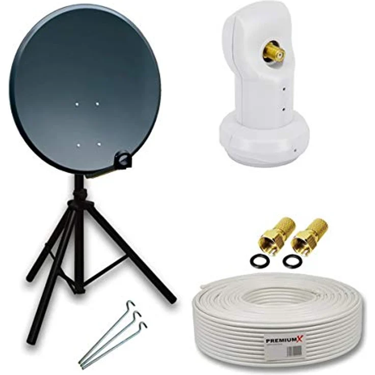 Premium X Camping Satelliten-Komplettanlage 60cm Aluminium Satellitenschüssel SAT Single LNB 10m Kabel F-Stecker Dreibein-Stativ in Anthrazit – Bild 1
