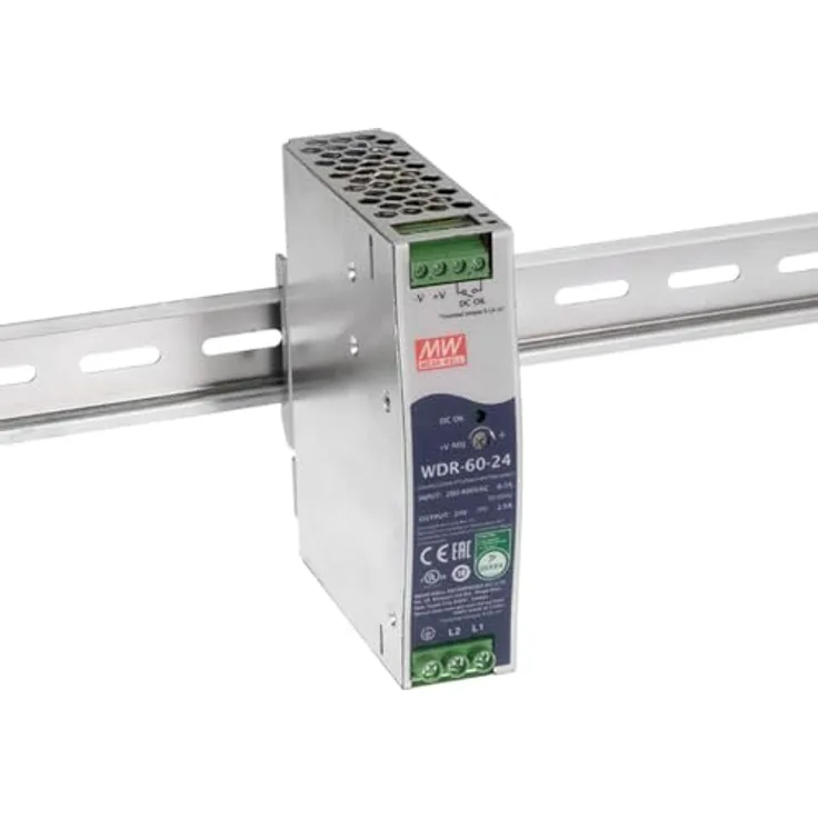 Mean Well WDR-60-24, DIN-Schienen-Netzteil mit 24V DC Ausgangsspannung, 60W Nennleistung, ultrabreit Eingang von 180-550V AC
