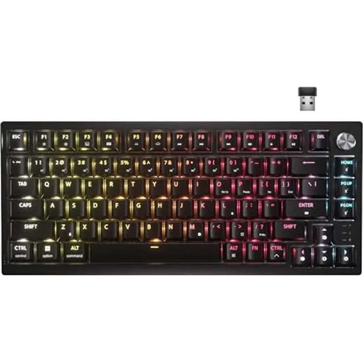 Corsair K65 Plus Wireless, 75% RGB Hot-Swappable mechanische Gaming-Tastatur mit taktilen MLX Fusion-Switches, zwei Schichten Sounddämpfung, PBT Keycaps, QWERTY NA, Schwarz