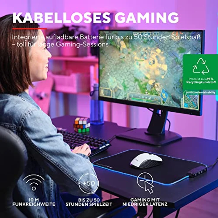 Trust Gaming GXT 923W Ybar Wiederaufladbare Kabellose Gaming-Maus, Geringer Latenz 2.4GHz, 50 Stunden Akkulaufzeit, 200-7200 DPI, 69% Recyclingkunststoff, PC, Laptop, Computer, Windows – Weiß – Bild 2