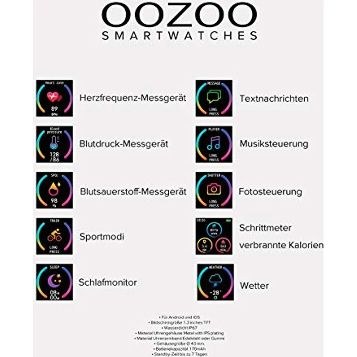Oozoo Smartwatch Smartwatch Unisex, 43mm, Metallgehäuse, Silikonarmband, Gold/Black – Bild 7