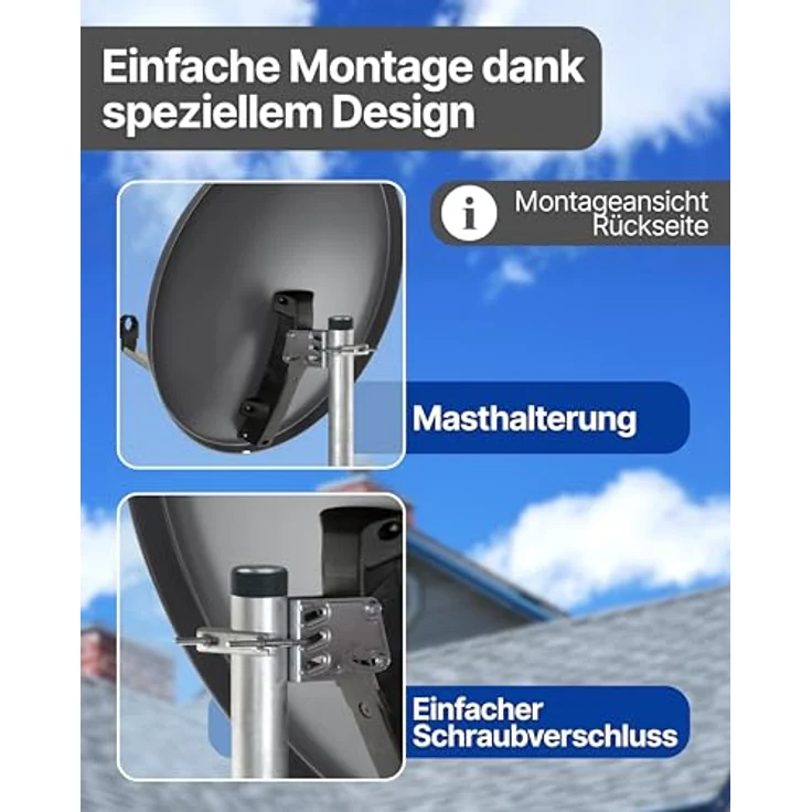 SCHWAIGER Satellitenschüssel Ø 80 cm, Wetterfeste Offset Antenne in anthrazit, Multifeed geeignet mit LNB Tragarm & Masthalterung, maximale Empfangsleistung 38,5 dB – Bild 4