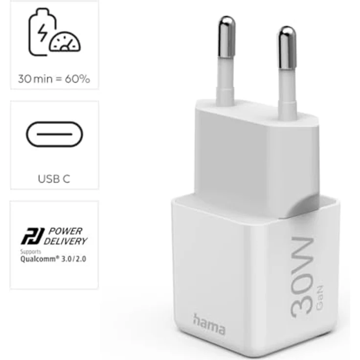 Hama Schnellladegerät GaN Charger, USB-C Power Delivery und Qualcomm Quick Charge, 30 W, weiß – Bild 3