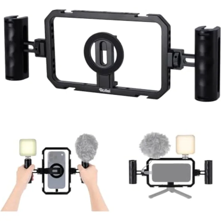 Rollei Universal Smartphone Cage All-in-One Video Rig, Aluminium, ergonomische Griffe, kompatibel mit MagSafe, 20 Gewinde und 4 Cold Shoes