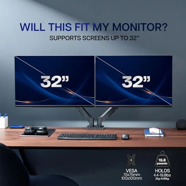 Vivo Doppelarm Tischmonitorhalterung höhenverstellbar, Neigung, Schwenk, Ausgleichsgasfeder Ständer VESA Haltewinkelarm passt die meisten Bildschirme 13'' bis 27'' (Stand-v002o) – Bild 7
