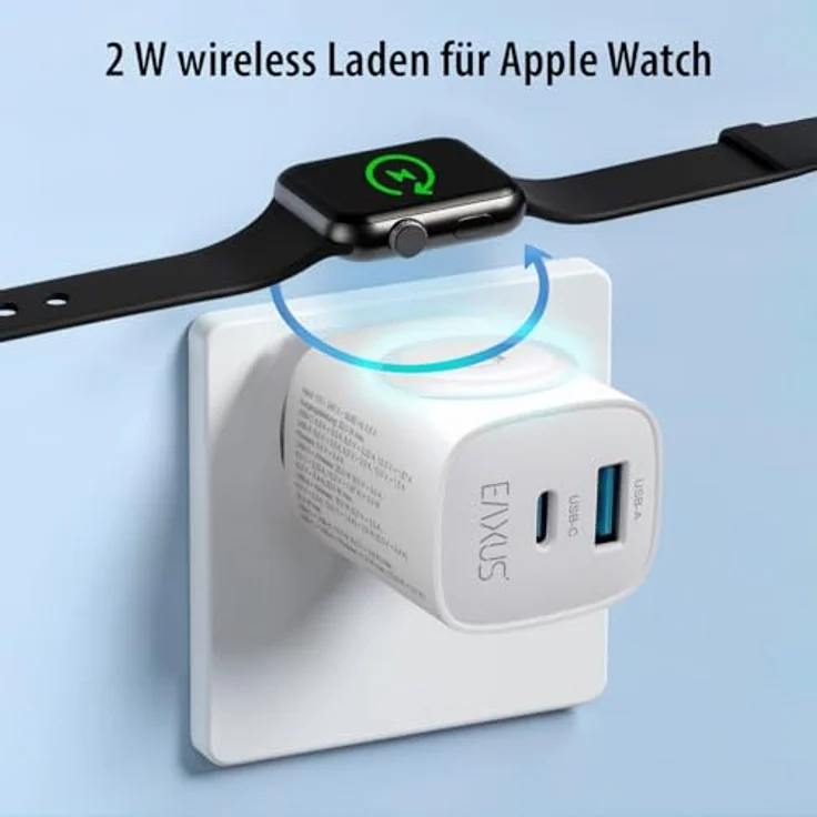 Eaxus 3in1 Netzeil mit USB-C und USB-A, magnetische Aufladestation für Apple Watch, 22W Schnellladung, kompakt und reisetauglich – Bild 2
