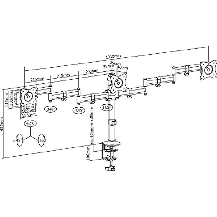 DIGITUS Monitor-Halterung - Tischklemme - 3 Monitore - Bis 27 Zoll - Bis 3x 8 kg - VESA 75x75, 100x100 - Schwarz – Bild 3