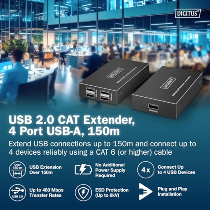 DIGITUS USB 2.0 Ethernet-Extender, 4-Port USB-A Hub mit 150m Reichweite, 480 Mbps, schwarz – Bild 2
