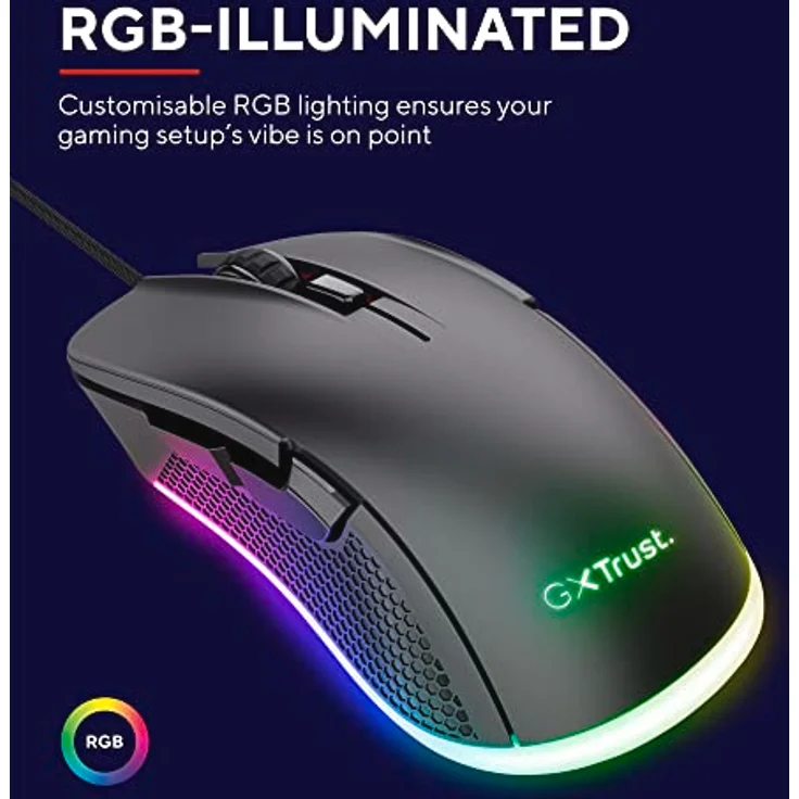 Trust Gaming GXT 922 Ybar Gaming Maus, 68% Recycelten Materialien, RGB LED-Beleuchtung, 6 Programmierbare Tasten, 200-7200 DPI, USB Kabel 2,1 m, PC Maus mit Software für Computer/Laptop - Schwarz – Bild 4
