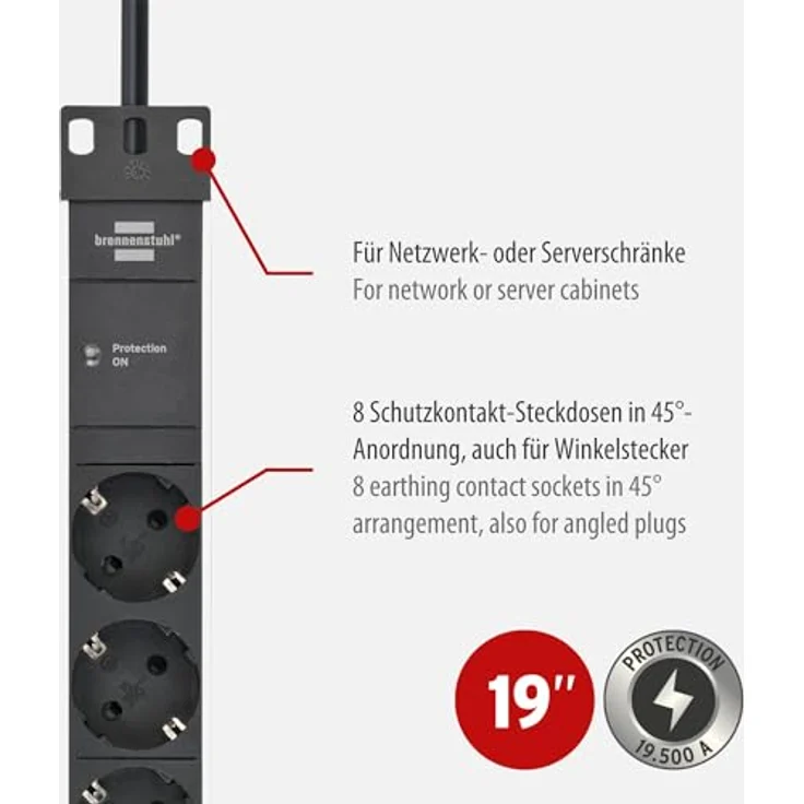 Brennenstuhl Alu-Line Steckdosenleiste 8-fach mit Überspannungsschutz (Steckerleiste in 19 Zoll Format und mit 2m Kabel) silber-schwarz – Bild 2