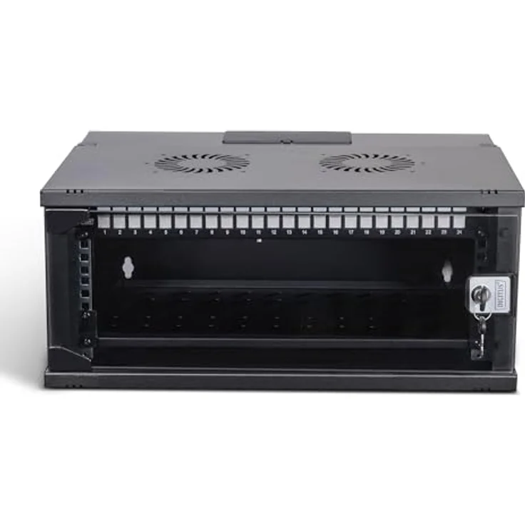 DIGITUS 19 Zoll Netzwerk-Set, 4HE Netzwerkschrank mit 1HE Fachboden, 24-Port Patch Panel, 24 Keystone Module, 30 Patchkabel, unmontiert, SOHO PRO-Serie, Schwarz – Bild 2