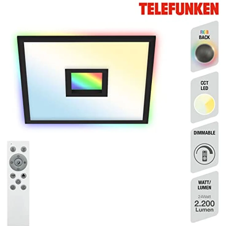 TELEFUNKEN - LED Panel, LED Deckenleuchte, Deckenlampe dimmbar, inkl. Fernbedienung, RGB-Innenbereich und -Backlight, 24 Watt, 2200lm, Timerfunktion, 445x445x63mm (LxBxH) 319405TF Schwarz – Bild 3
