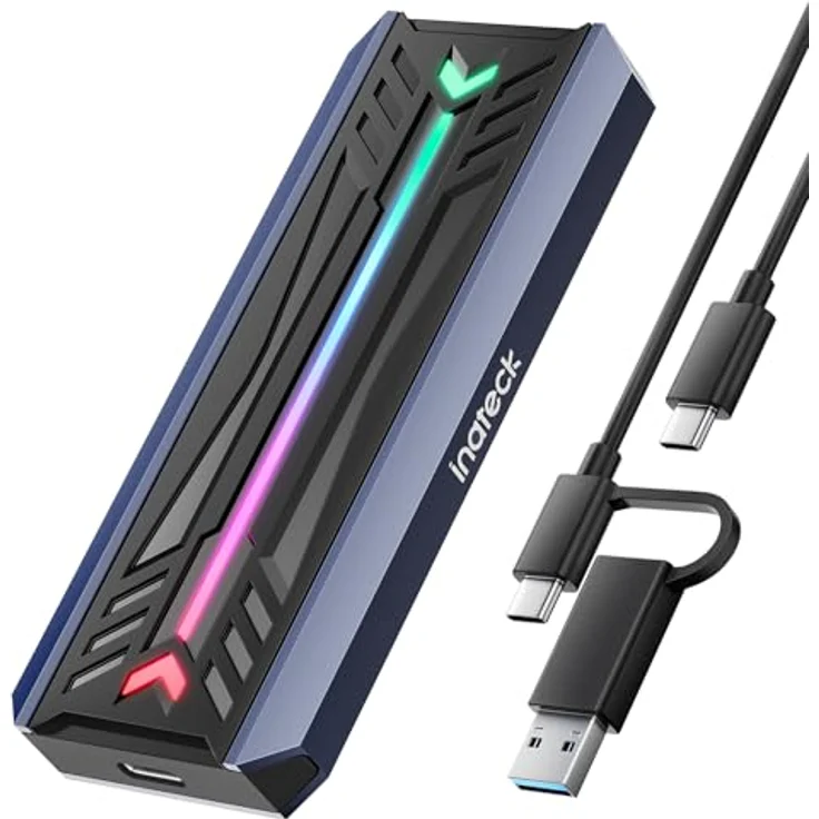 Inateck RGB M.2 NVMe SATA SSD Gehäuse 10 Gbps, USB 3.2 Gen 2 Gehäuse unterstützt UASP Trim für NVME/SATA SSDs 2230/2242/2260/2280(M Key/B+M Key), werkzeuglose Installation (bis zu 4TB), FE2024, Intelligente RGB-Übertragungsanzeige, Aluminiumlegierung (schwarz) – Bild 1
