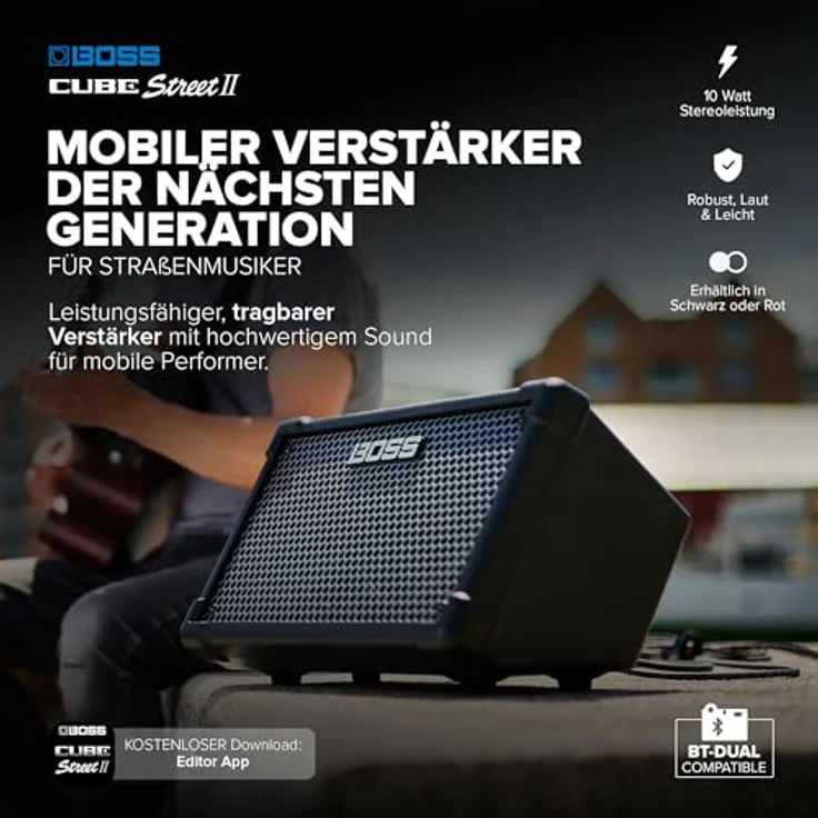 Boss by Roland Cube Street II, Batteriebetriebener Stereo-Verstärker mit 2 Kanälen, 10 W, Bluetooth-App-Steuerung, integrierten Effekten und Looper, schwarz – Bild 2