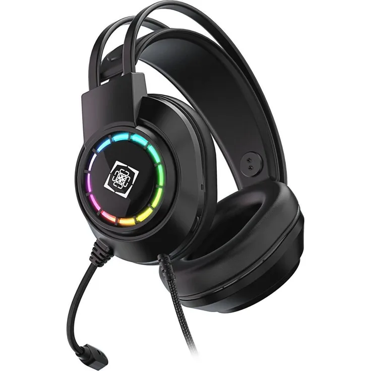 Deltaco DH220, USB - Kabelgebundenes Gaming Headset mit 50-mm-Treibern, Lautstärkeregler und Regenbogen-LED, Schwarz
