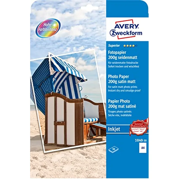 AVERY Zweckform 1040-30 Superior Inkjet Fotopapier (30 Blatt, 200 g/m², DIN A4 Papier, einseitig beschichtet, seidenmatt, ausgezeichnete Farbbrillanz, Tintenstrahldrucker, nach Druck sofort trocken)