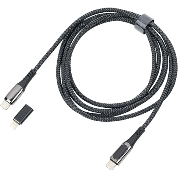 TROIKA CBL20/BK, 2 m USB C zu USB C/Lightning Kabel, langlebig aus recyceltem Polyester, Schwarz mit Ladeanzeige
