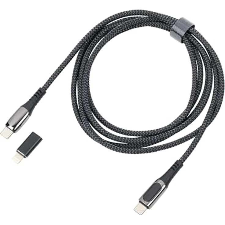 TROIKA CBL20/BK, 2 m USB C zu USB C/Lightning Kabel, langlebig aus recyceltem Polyester, Schwarz mit Ladeanzeige – Bild 1