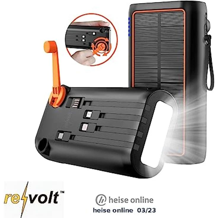 reVolt Solar Power Banks PB-200.k: Kurbel-Dynamo-Solar-Powerbank, 30.000 mAh, PD 20 W, Super Charge, LED (Kurbelakku, USB Kurbel Ladegerät, Handy Ladestation) – Bild 2