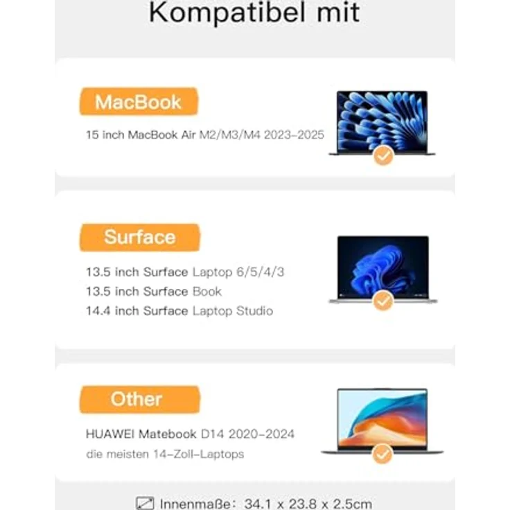 Inateck Laptoptasche Hülle für 15,3 Zoll MacBook Air M4/M3/M2 und 14 Zoll Laptops, spritzwassergeschützt, schwarz, mit Zubehör-Fach – Bild 2