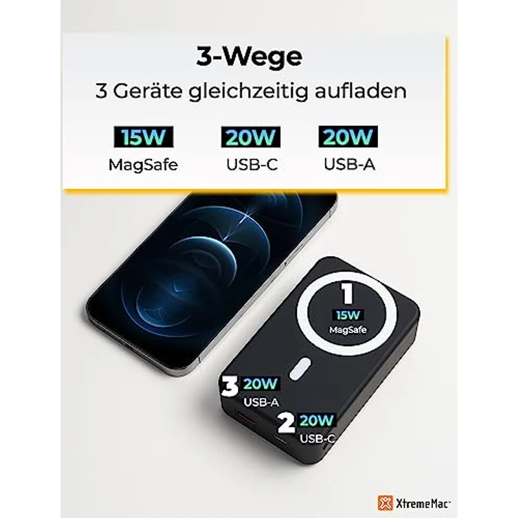 XtremeMac Hochleistungs-Magnetische Kabellose Powerbank, MagSafe Kompatibel, 20000mAh, mit USB-C und USB-A Anschluss, Inklusive Halterung, LED Digitalanzeige, für iPhone 12/13/14, Schwarz – Bild 5