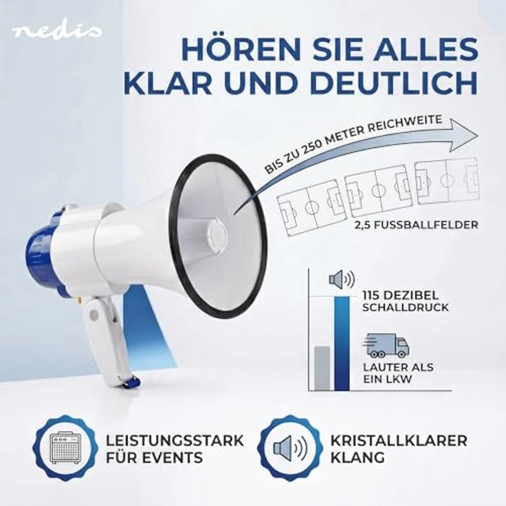 Nedis - Megafon - 25 W - 1500 m Reichweite - 130 dB - Abnehmbares Mikrofon - Enthaltenen Tragegurt - 8X D-LR20 Batterien - Weiß-Blau – Bild 3