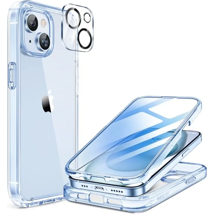 Miracase 360 Grad Hülle für iPhone 15 mit 9H Glas Displayschutz und Kameraschutz, stoßfest, klar blau – Bild 1