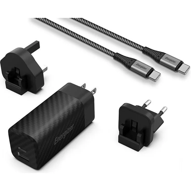 Energizer Ultimate Multiplug EU/UK/US, GaN USB-C & USB-A 65W PD Charger mit USB-C Kabel, schwarz